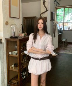 Korean Style Striped Shirt Dress with Floral Bud Short Skirt - Lightweight Sun Protection Outfit for Summer