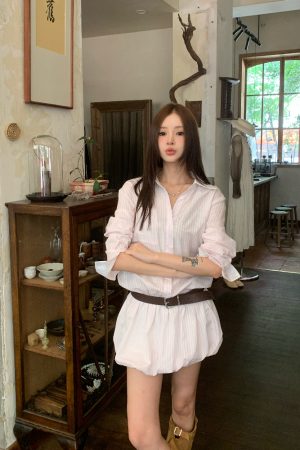 Korean Style Striped Shirt Dress with Floral Bud Short Skirt - Lightweight Sun Protection Outfit for Summer