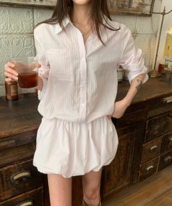 Korean Style Striped Shirt Dress with Floral Bud Short Skirt - Lightweight Sun Protection Outfit for Summer