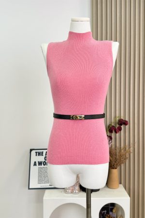 Korean Style Summer Elegant Sleeveless Knitted Top with Half High Neck and Waist-Defined Design in Solid Color
