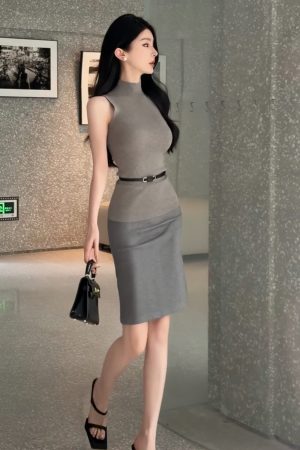 Korean Style Summer Elegant Sleeveless Knitted Top with Half High Neck and Waist-Defined Design in Solid Color