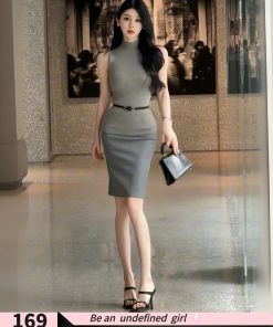Korean Style Summer Elegant Sleeveless Knitted Top with Half High Neck and Waist-Defined Design in Solid Color