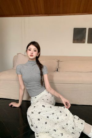 Korean-Style Summer Fishtail Skirt with Bow Print and Lace Floral Design - Vacation Ready Long Skirt