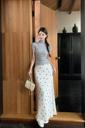 Korean-Style Summer Fishtail Skirt with Bow Print and Lace Floral Design - Vacation Ready Long Skirt