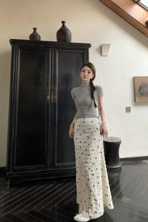 Korean-Style Summer Fishtail Skirt with Bow Print and Lace Floral Design - Vacation Ready Long Skirt