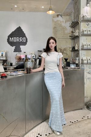Korean-Style Summer Fishtail Skirt with Bow Print and Lace Floral Design - Vacation Ready Long Skirt