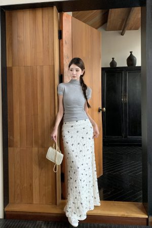 Korean-Style Summer Fishtail Skirt with Bow Print and Lace Floral Design - Vacation Ready Long Skirt