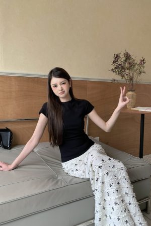 Korean-Style Summer Fishtail Skirt with Bow Print and Lace Floral Design - Vacation Ready Long Skirt