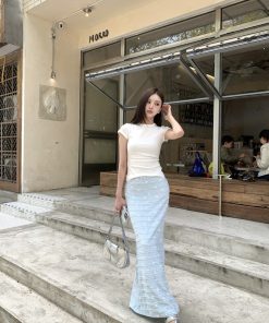 Korean-Style Summer Long Skirt with Bow Print and Lace Floral Fishtail Design - Vacation Fashion Essential
