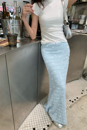 Korean-Style Summer Long Skirt with Bow Print and Lace Floral Fishtail Design - Vacation Fashion Essential