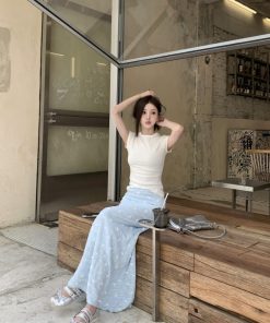 Korean-Style Summer Long Skirt with Bow Print and Lace Floral Fishtail Design - Vacation Fashion Essential