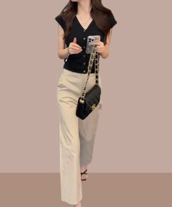 Korean Style Summer Outfit Set for Women - Short Sleeve Top & High-Waisted Slimming Casual Pants, Two-Piece Set