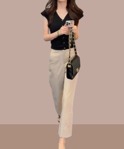 Korean Style Summer Outfit Set for Women - Short Sleeve Top & High-Waisted Slimming Casual Pants, Two-Piece Set