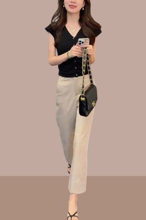 Korean Style Summer Outfit Set for Women - Short Sleeve Top & High-Waisted Slimming Casual Pants, Two-Piece Set