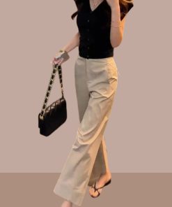 Korean Style Summer Outfit Set for Women - Short Sleeve Top & High-Waisted Slimming Casual Pants, Two-Piece Set