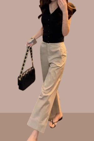 Korean Style Summer Outfit Set for Women - Short Sleeve Top & High-Waisted Slimming Casual Pants, Two-Piece Set