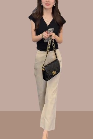Korean Style Summer Outfit Set for Women - Short Sleeve Top & High-Waisted Slimming Casual Pants, Two-Piece Set
