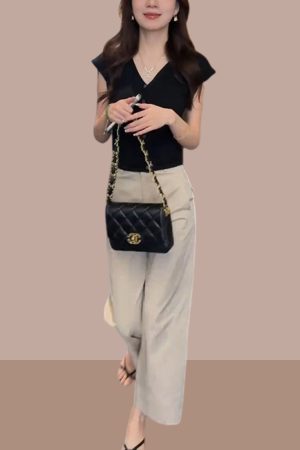 Korean Style Summer Outfit Set for Women - Short Sleeve Top & High-Waisted Slimming Casual Pants, Two-Piece Set