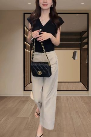Korean-Style Summer Two-Piece Outfit Set for Women - Short Sleeve Top & High-Waisted Slimming Casual Pants
