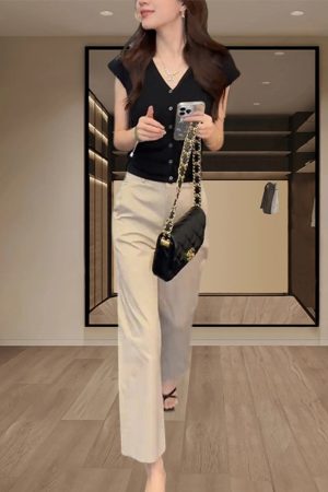 Korean-Style Summer Two-Piece Outfit Set for Women - Short Sleeve Top & High-Waisted Slimming Casual Pants