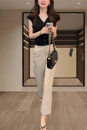 Korean-Style Summer Two-Piece Outfit Set for Women - Short Sleeve Top & High-Waisted Slimming Casual Pants