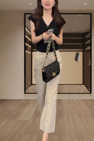 Korean-Style Summer Two-Piece Outfit Set for Women - Short-Sleeve Top & High-Waisted Slimming Casual Pants
