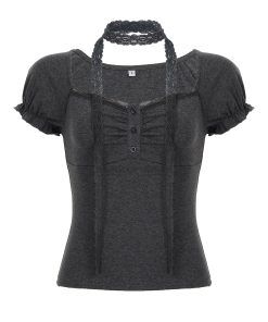 Korean-Style Sweet Ruffled Lace Trim Low Square Neck T-Shirt - Spliced Knitted Short Top for a Chic 90s Look