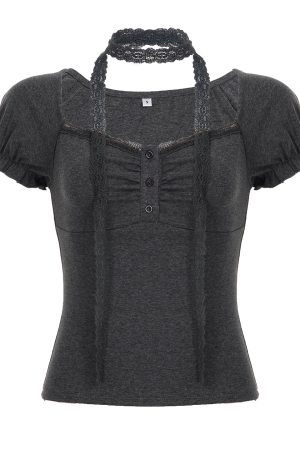Korean-Style Sweet Ruffled Lace Trim Low Square Neck T-Shirt - Spliced Knitted Short Top for a Chic 90s Look