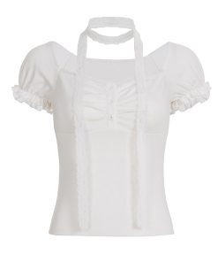 Korean-Style Sweet Ruffled Lace Trim Low Square Neck T-Shirt - Spliced Knitted Short Top for a Chic 90s Look