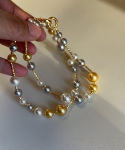 Korean Style Three-Color Pearl and Metal Spacer Necklace - White, Gray, Gold Clavicle Chain for Women