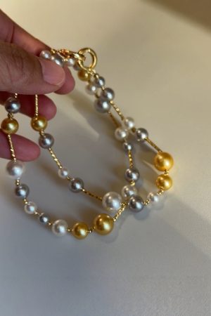 Korean Style Three-Color Pearl and Metal Spacer Necklace - White, Gray, Gold Clavicle Chain for Women