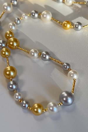 Korean Style Three-Color Pearl and Metal Spacer Necklace - White, Gray, Gold Clavicle Chain for Women