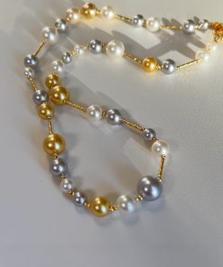 Korean Style Three-Color Pearl and Metal Spacer Necklace - White, Gray, Gold Clavicle Chain for Women