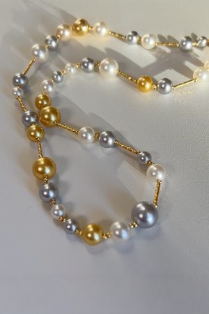 Korean Style Three-Color Pearl and Metal Spacer Necklace - White, Gray, Gold Clavicle Chain for Women