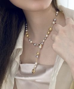 Korean Style Three-Color Pearl and Metal Spacer Necklace - White, Gray, Gold Clavicle Chain for Women