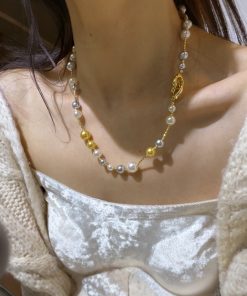 Korean Style Three-Color Pearl and Metal Spacer Necklace - White, Gray, Gold Clavicle Chain for Women