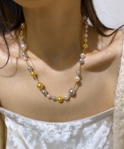 Korean Style Three-Color Pearl and Metal Spacer Necklace - White, Gray, Gold Clavicle Chain for Women