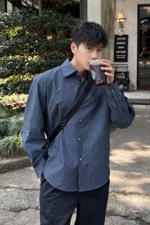 Korean Style Tie-Dye Blue Shirt for Men - Autumn Casual Loose Fit Top, Simple and Clean Design