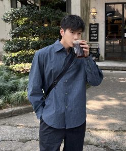 Korean Style Tie-Dye Blue Shirt for Men - Autumn Casual Loose Fit Top, Simple and Clean Design