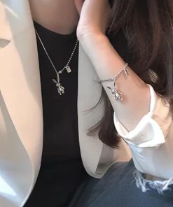 Korean Style TikTok Long Bracelet for Women, 2025 Pure Silver Clavicle Chain with Fairy Rabbit Design, Sweet and Cute Accessory