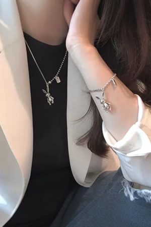 Korean Style TikTok Long Bracelet for Women, 2025 Pure Silver Clavicle Chain with Fairy Rabbit Design, Sweet and Cute Accessory