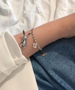 Korean Style TikTok Long Bracelet for Women, 2025 Pure Silver Clavicle Chain with Fairy Rabbit Design, Sweet and Cute Accessory