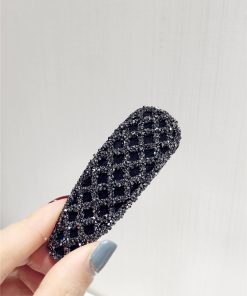 Korean Style Trendy Diamond-Studded Checkered Duckbill Hair Clip - Elegant Rectangular Edge Accessory for Fashionable Looks