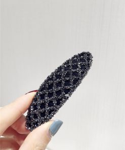 Korean Style Trendy Diamond-Studded Checkered Duckbill Hair Clip - Elegant Rectangular Edge Accessory for Fashionable Looks
