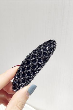 Korean Style Trendy Diamond-Studded Checkered Duckbill Hair Clip - Elegant Rectangular Edge Accessory for Fashionable Looks