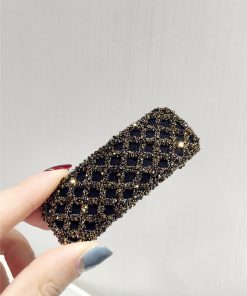 Korean Style Trendy Diamond-Studded Checkered Duckbill Hair Clip - Elegant Rectangular Edge Accessory for Fashionable Looks