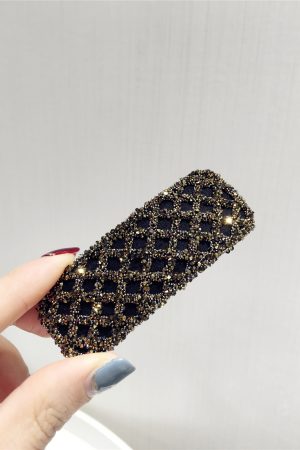 Korean Style Trendy Diamond-Studded Checkered Duckbill Hair Clip - Elegant Rectangular Edge Accessory for Fashionable Looks