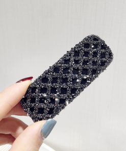 Korean Style Trendy Diamond-Studded Checkered Duckbill Hair Clip - Elegant Rectangular Edge Accessory for Fashionable Looks