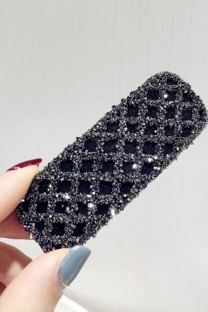 Korean Style Trendy Diamond-Studded Checkered Duckbill Hair Clip - Elegant Rectangular Edge Accessory for Fashionable Looks