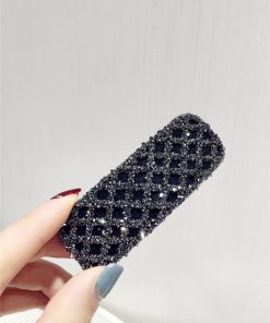 Korean Style Trendy Diamond-Studded Checkered Duckbill Hair Clip - Elegant Rectangular Edge Accessory for Fashionable Looks